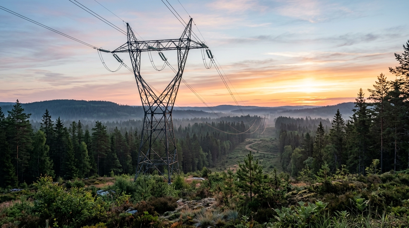 Svenskt stamnät och kraftledningar mot vinterhimmel